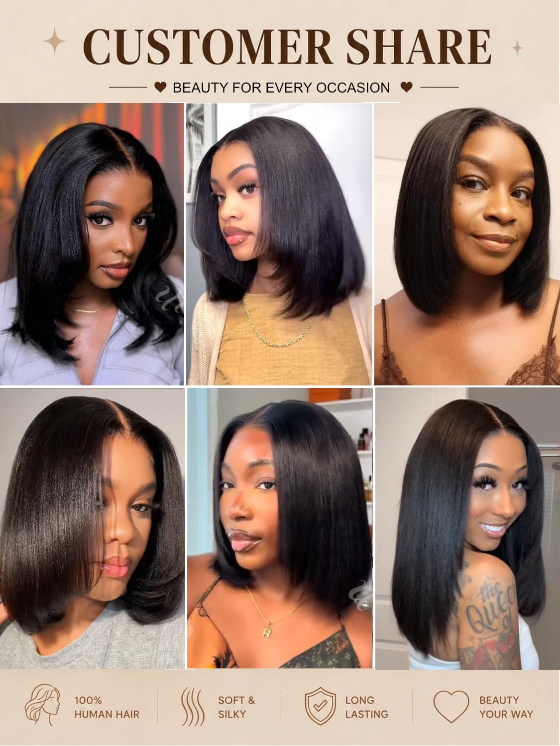 UNICE 7X5 Lace Part Bob Wig Human Hair Bye Bye Slip Glueless Wig with Silicone Strips & Drawstring Yaki Straight Layered Cut with Face Framing Layers 180% Density Bleached Knots Pre Plucked 10inch