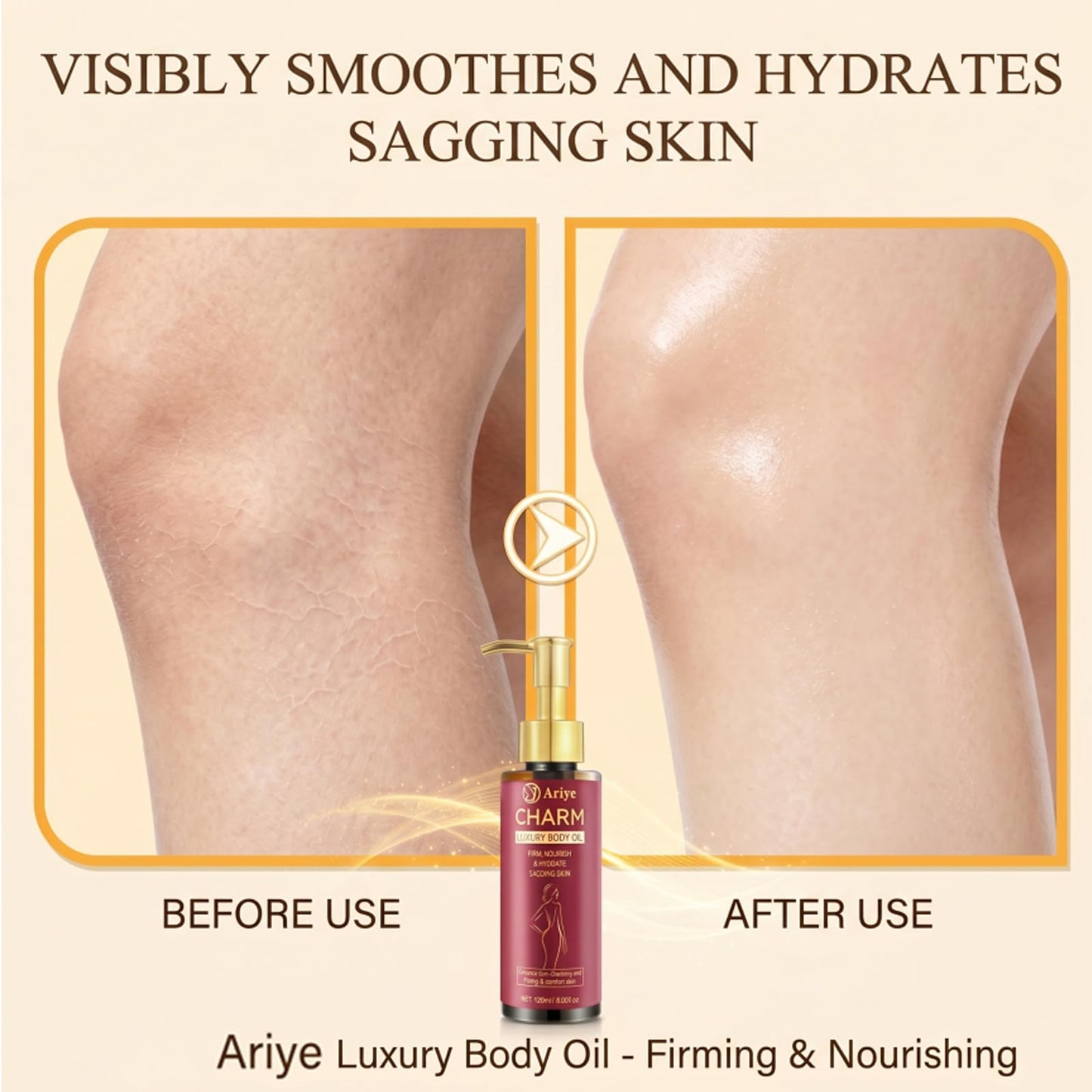 ARIYE Firming Body Oil for Crepe Skin, After Shower Glow Oil, Natural Moisturizer for Dry Skin, Tightens & Softens Crepe Skin & Wrinkles, Lightweight Non-Greasy for Arms Legs Stomach, 4.06 Fl Oz