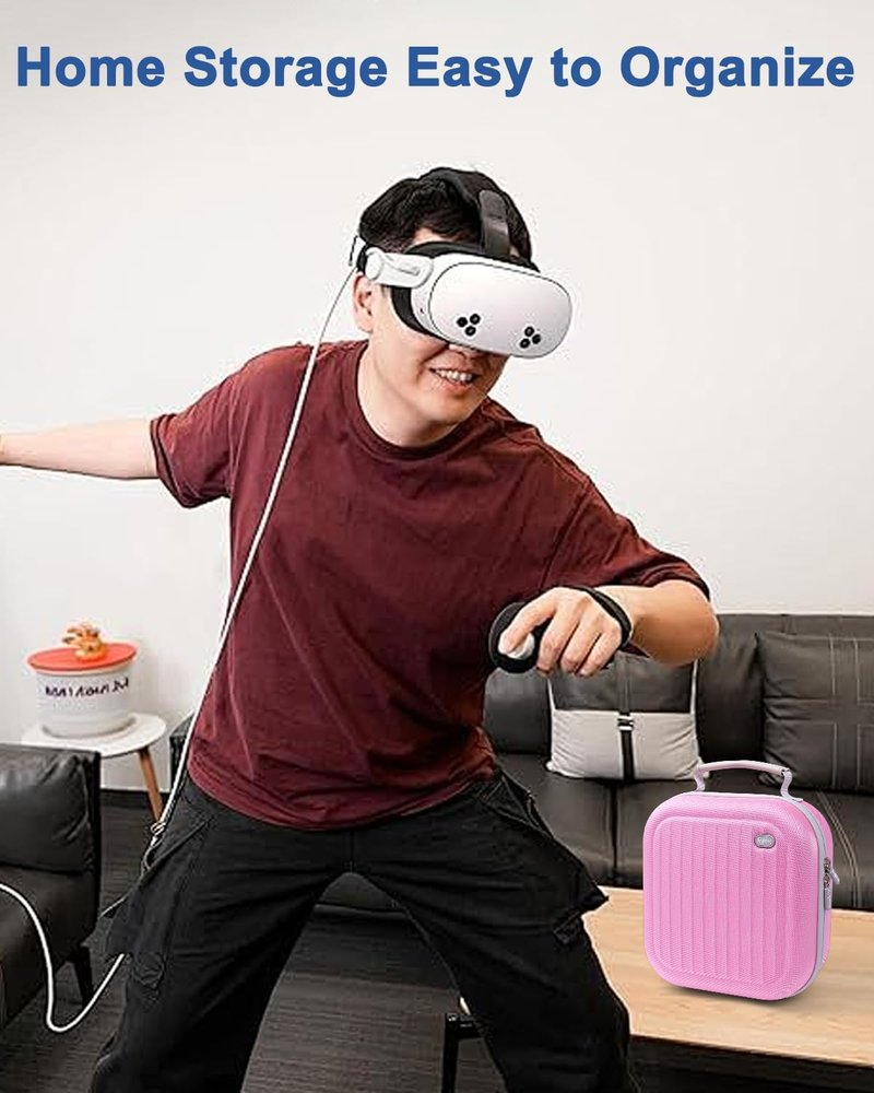 Krypthos Hard Carrying Case Compatible with Meta Quest 3S/Quest 3/Quest 2/Vision Pro, Portable VR Gaming Headset and Touch Controllers Case with Lens Protector, Suit for Travel and Home Storage (Pink)