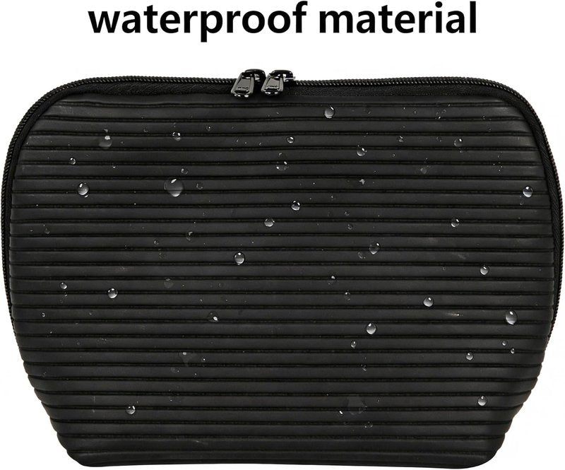 Travel Makeup Bag - Waterproof Stand Up Cosmetic Organizer with Brush Holders | Medium Black Design for Skincare & Toiletries