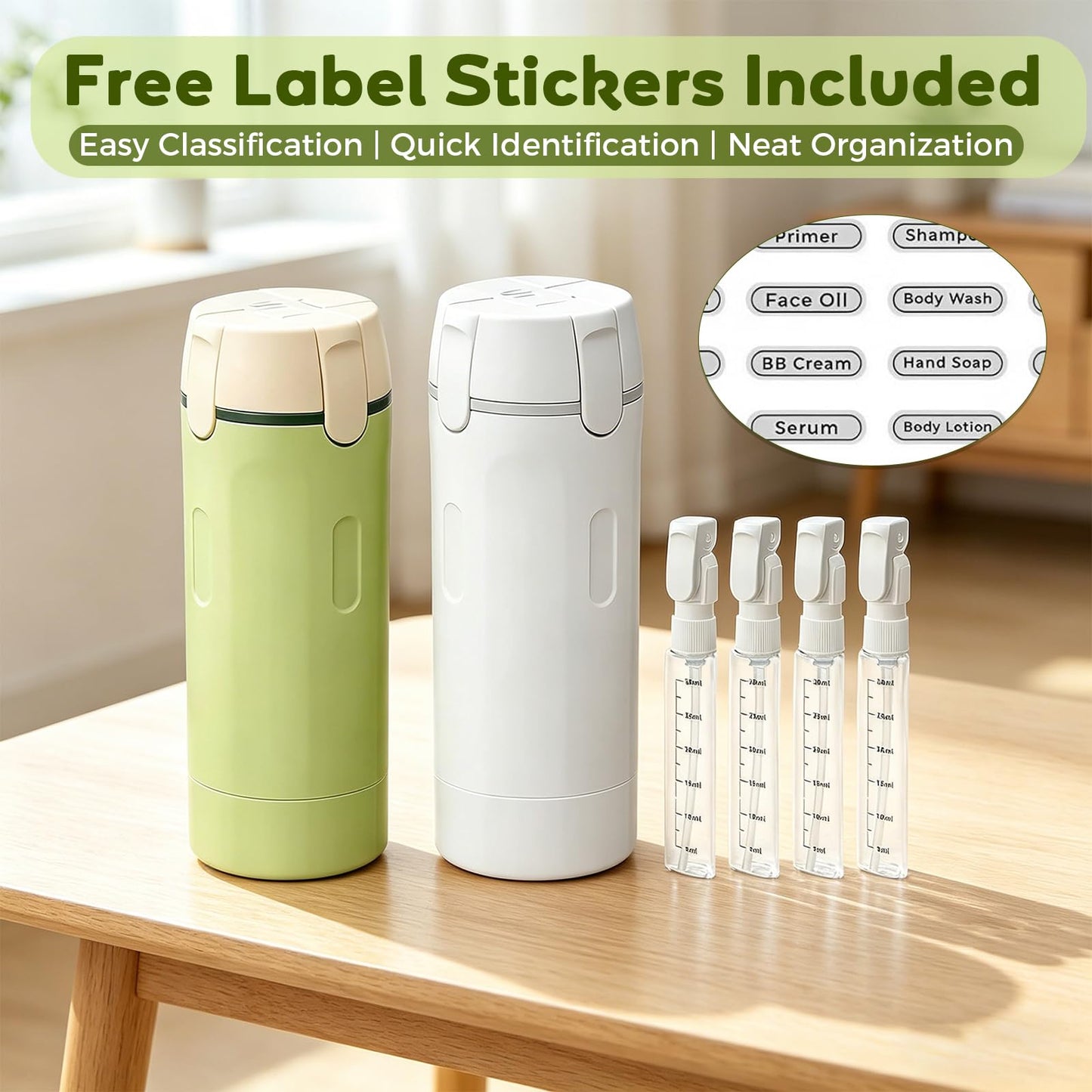Sniqafo 4 in 1 Travel Dispenser Bottle, Portable Refillable Travel Size Containers with Labels for Shampoo Lotion Conditioner, Perfect for Gym Camping Business Trip Vacation (2 Pack, White+Green)