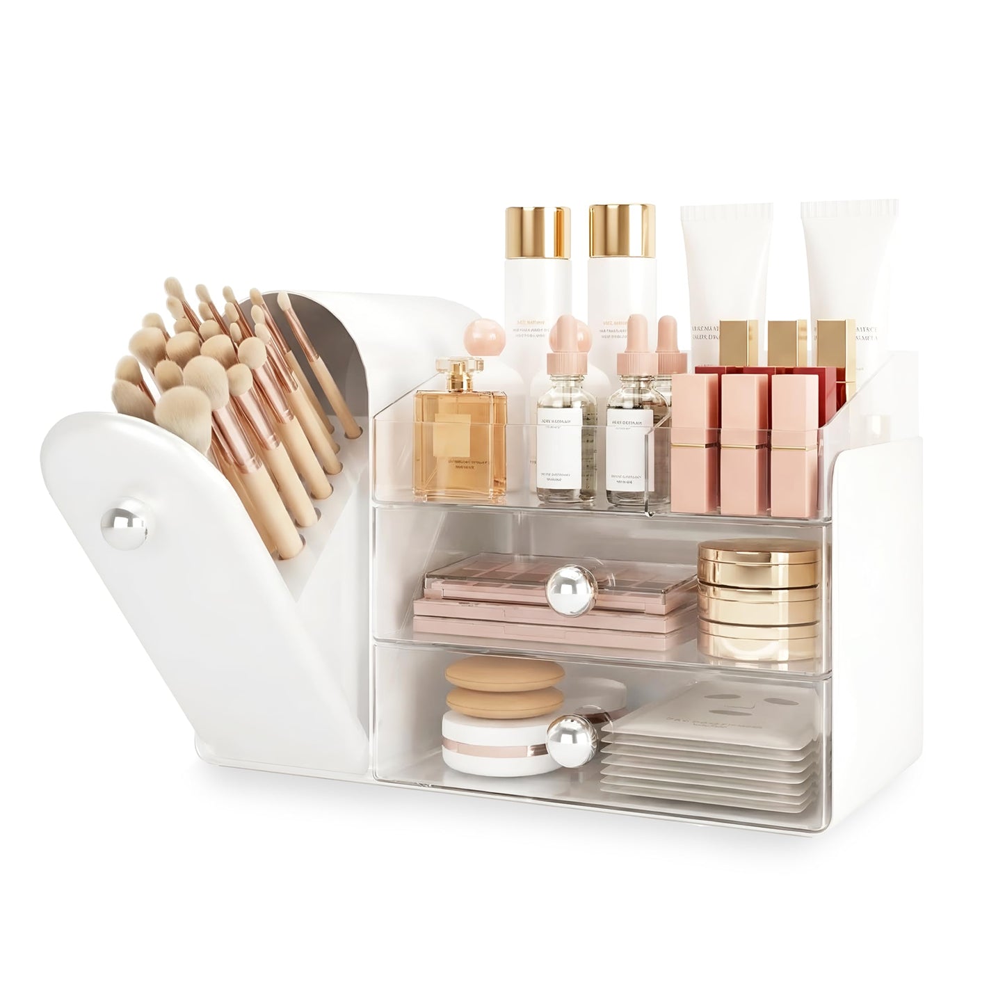 lurcns Makeup Organizer with Dustproof Brush Holder for Vanity, Large Cosmetics Organizer and Bathroom Countertop Skincare Storage with 2 Clear Drawers for Lipstick, Perfume, Eyeshadow Palettes,White