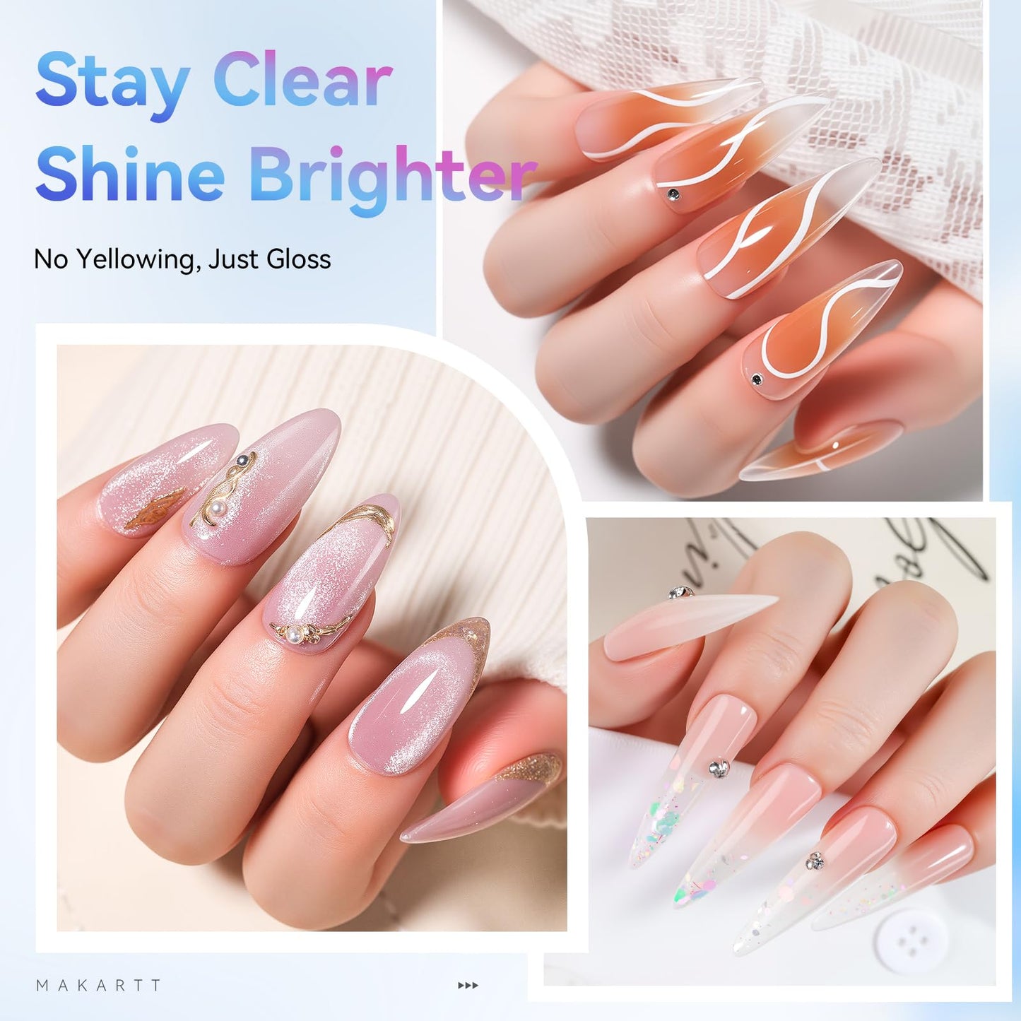 Makartt 2 Pcs Gel Top Coat and Base Coat Set - No Wipe Shine Finish Soak Off Base Top Coat Long Lasting for Gel Nail Polish, LED UV Lamp Needed, Salon Quality Nail Manicure Spring Gifts, 10ML