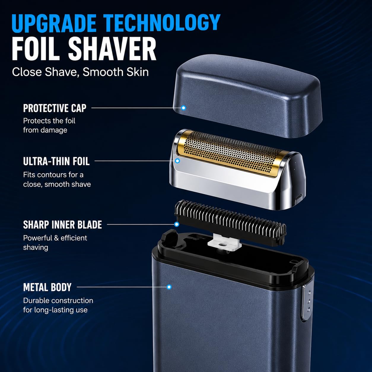 Professional Foil Shaver for Men, Rechargeable Cordless Electric Razor for Ultra-Close Shave, Travel-Friendly Design with Protective Cap & Pouch, High-Speed Powerful Motor - Grey