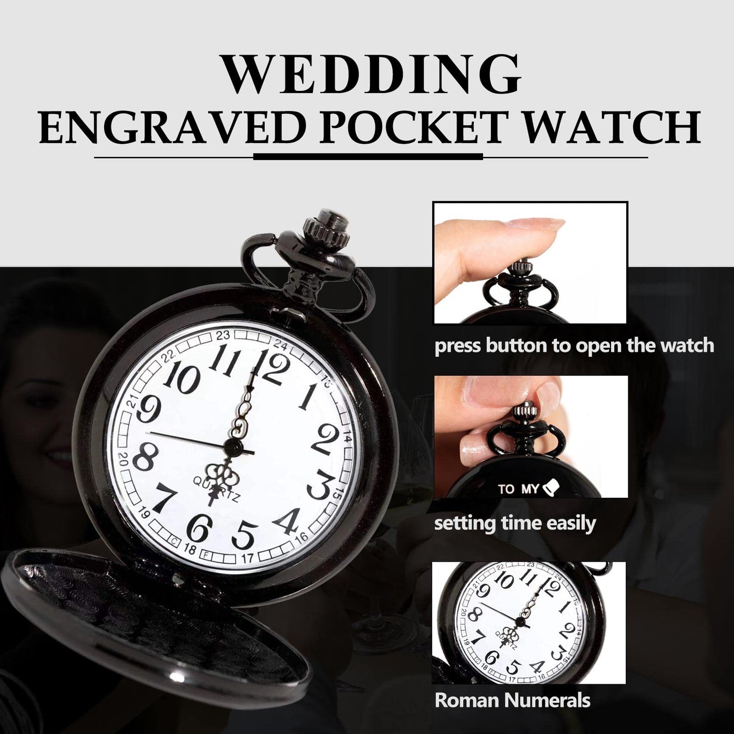 Yewkit 4 Pcs Groomsman Gifts for Wedding Groomsmen Engraved Pocket Watch Best Man Proposal Gifts Roman Numerals Quartz Pocket Watch Wedding Gifts with Chain for Groomsman Best Man
