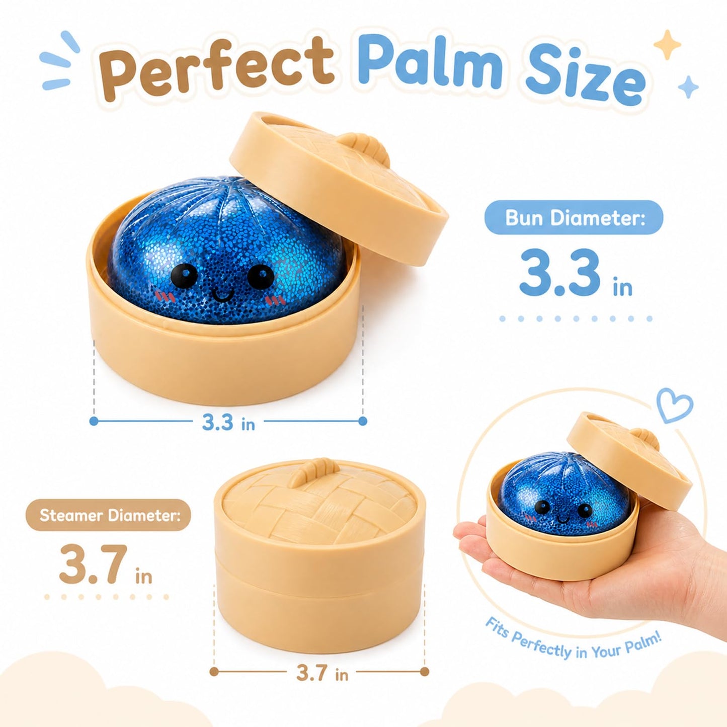 Crossunx Glitter Blue Dumpling Squishies Stress Balls, Colorful Squishies Dumpling Fidget Sensory Toy with Food Steamer, Squeeze Dough Ball for Stress Relief, Stretchy Desk Toys Gift