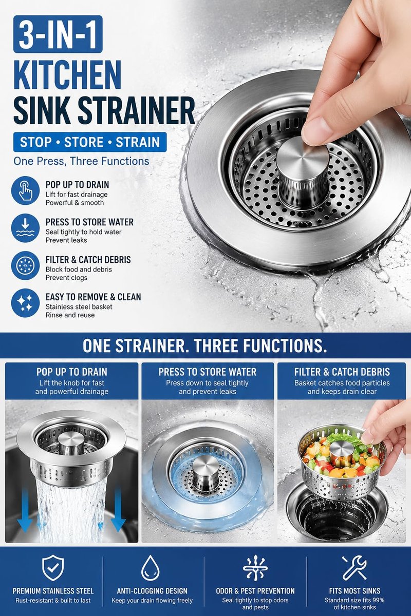 Makeforu 1PC 3-in-1 Kitchen Sink Strainer Stopper Combo Stainless Steel Wrap Around Sink Downspout for US Standard 3-1/2 inch Sewer Strainer, Smooth Handle for Easy Cleaning, Anti-Clogging
