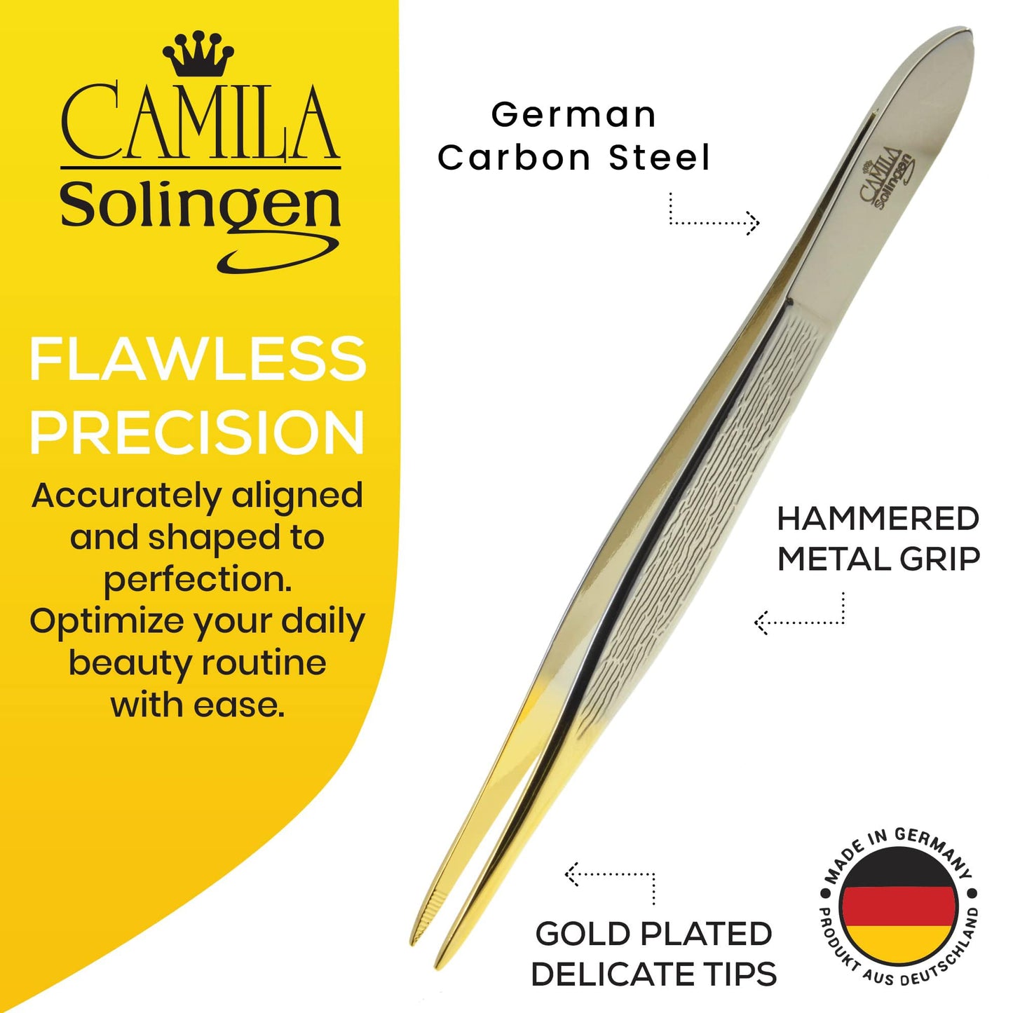 Camila Solingen CS32 3 1/2" Gold Tipped, Surgical Grade, German Carbon Steel Tweezers (Pointed) - Flawless Eyebrow and Facial Hair Shaping and Removal for Men/Women