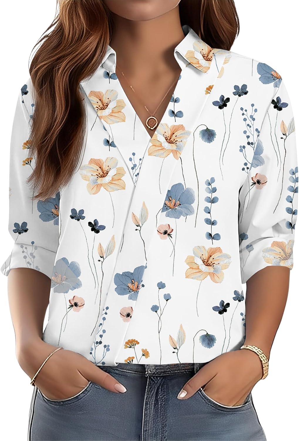3/4 Length Sleeve Women's Dressy V-Neck Collared Tops - Trendy Business Casual Blouses for Work & Vacation