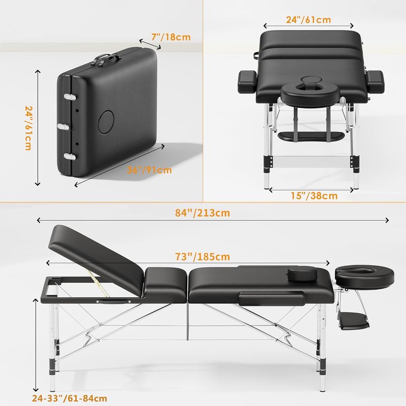 Portable Massage Table - 84" Long | Professional 3-Section Reclining Couch for SPA & Tattoo Use - Black