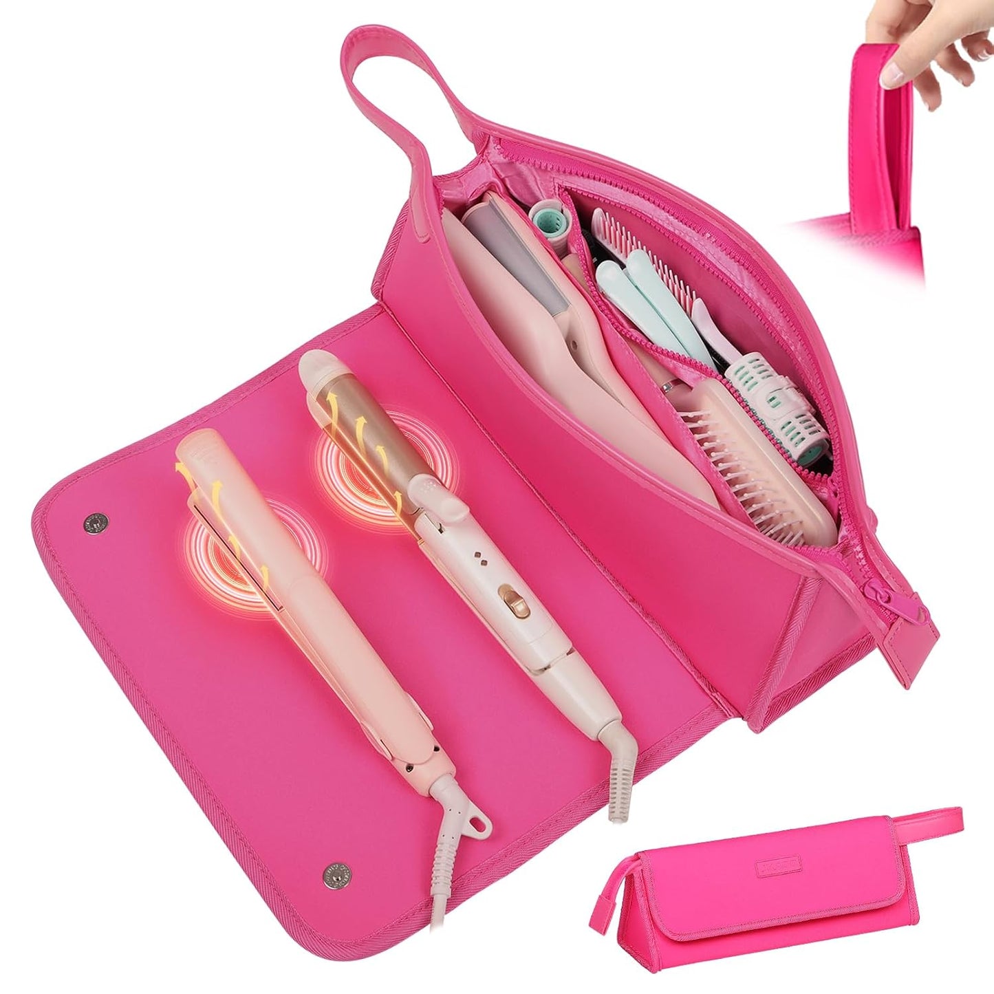 Hair Tools Travel Bag - 2-in-1 Heat Resistant Organizer for Curling Irons & Straighteners | Vibrant Rose Red