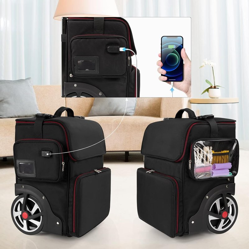 Makeup Train Case - Large Cosmetic Organizer for Hairstylists | Heat Insulation, Detachable Pouch, Trolley with Wheels