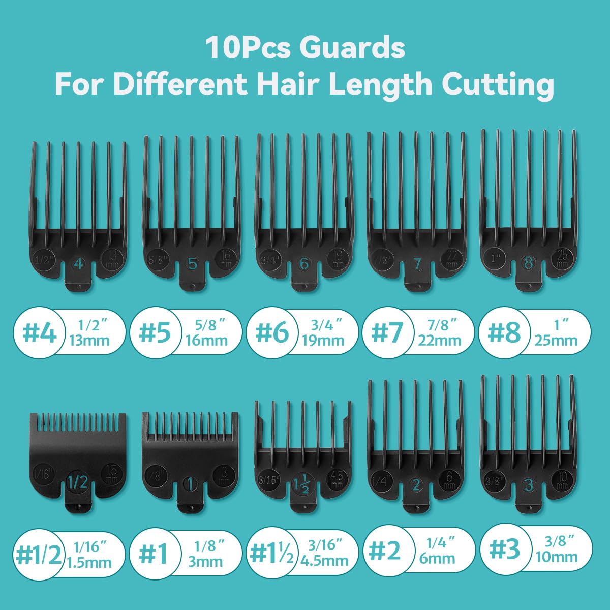 Wahl Clipper Guards Set - 10-Piece Replacement Guides for Wahl Clippers | 1/16" to 1" Sizes, Black