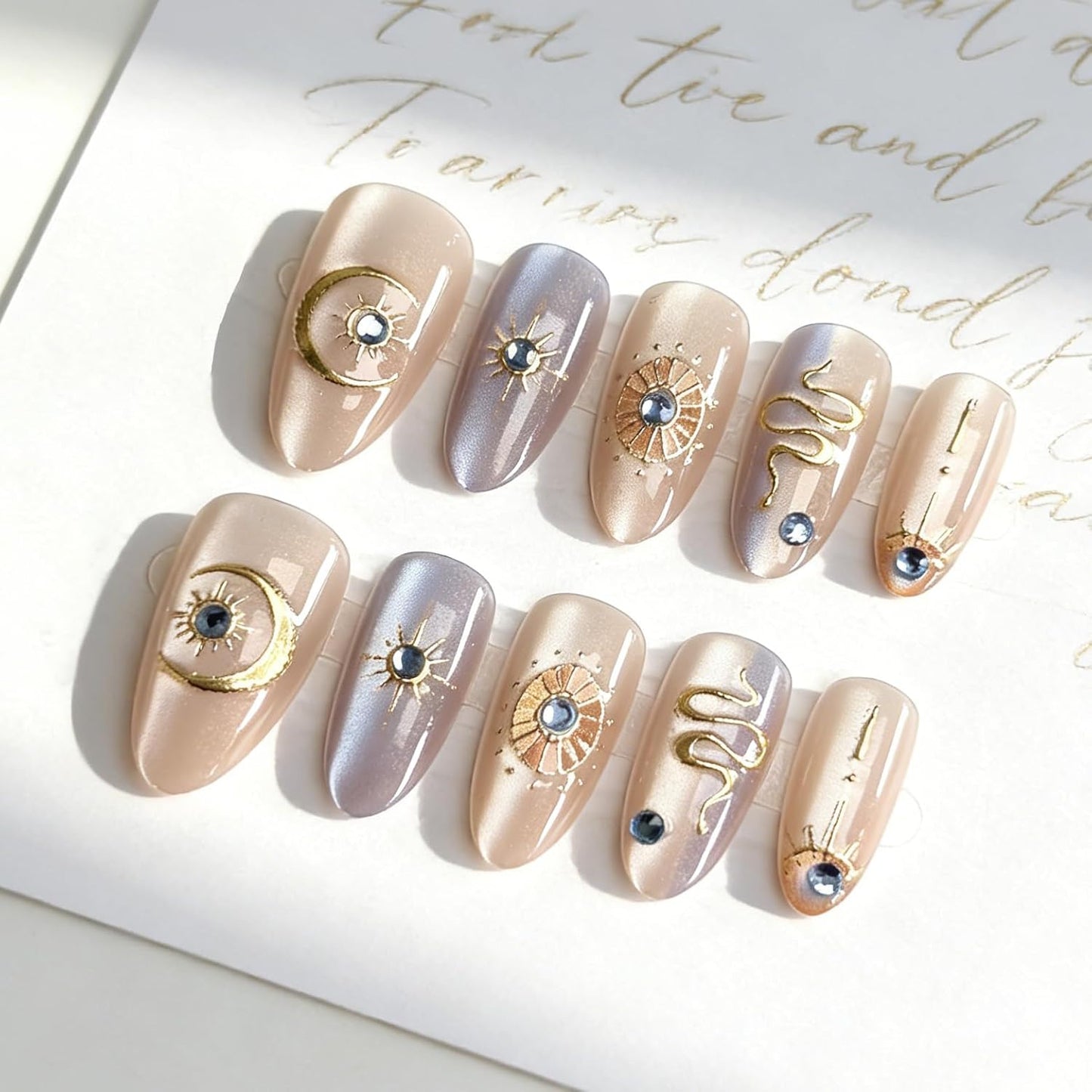 Press On Nails - Short Almond French Tip with Blue 3D Flowers | Glossy Acrylic Beach Designs for Women