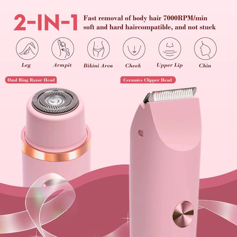 Joigivit Dual Head Shaver 2 in 1 Bikini Trimmer for Women Electric Razor Lady Pubic Hair, LCD Display Bikini Underarm Arm Leg Face Body 2026 Upgraded Version - Pink