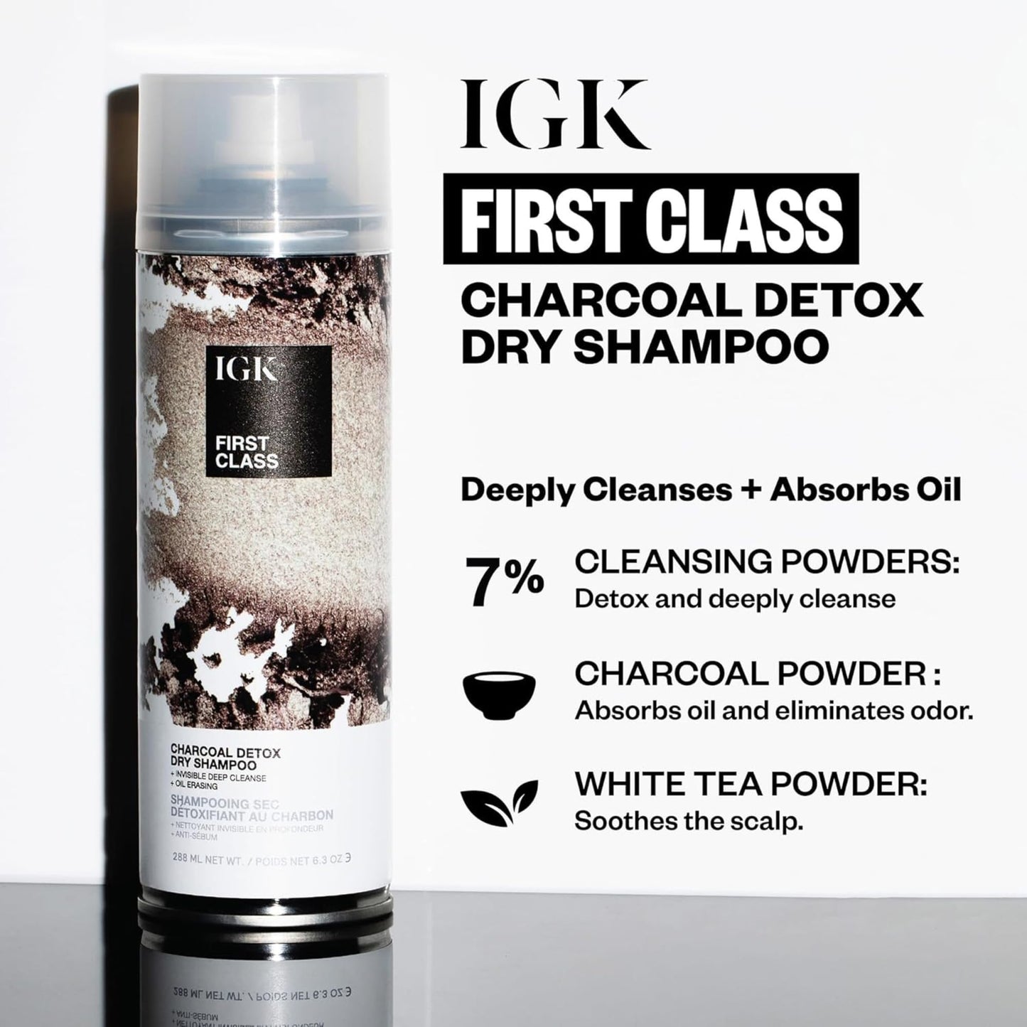 IGK First Class Charcoal Detox Dry Shampoo for Oily Hair + Scalp, 6.3 Oz