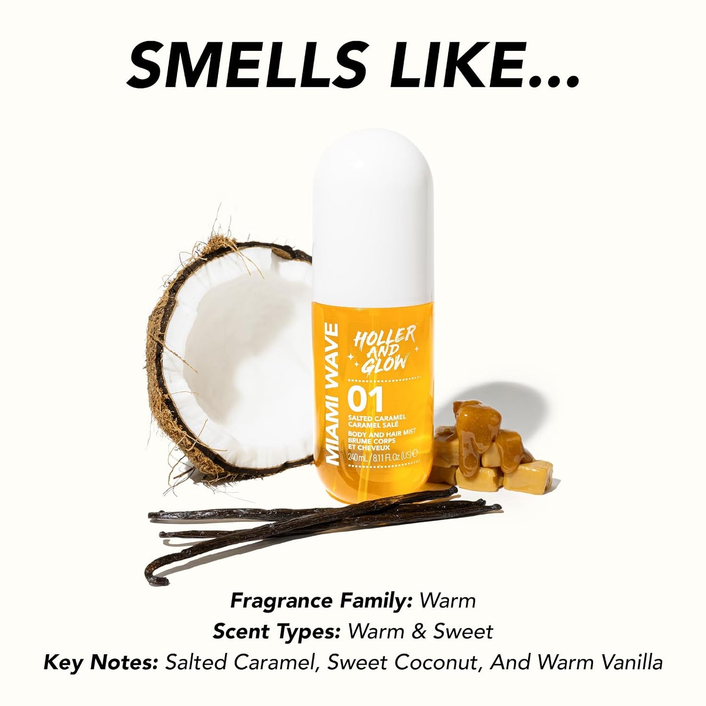 Miami Wave Salted Caramel Body & Hair Mist - Sweet Coconut & Vanilla Scent | 8.11 Fl Oz
