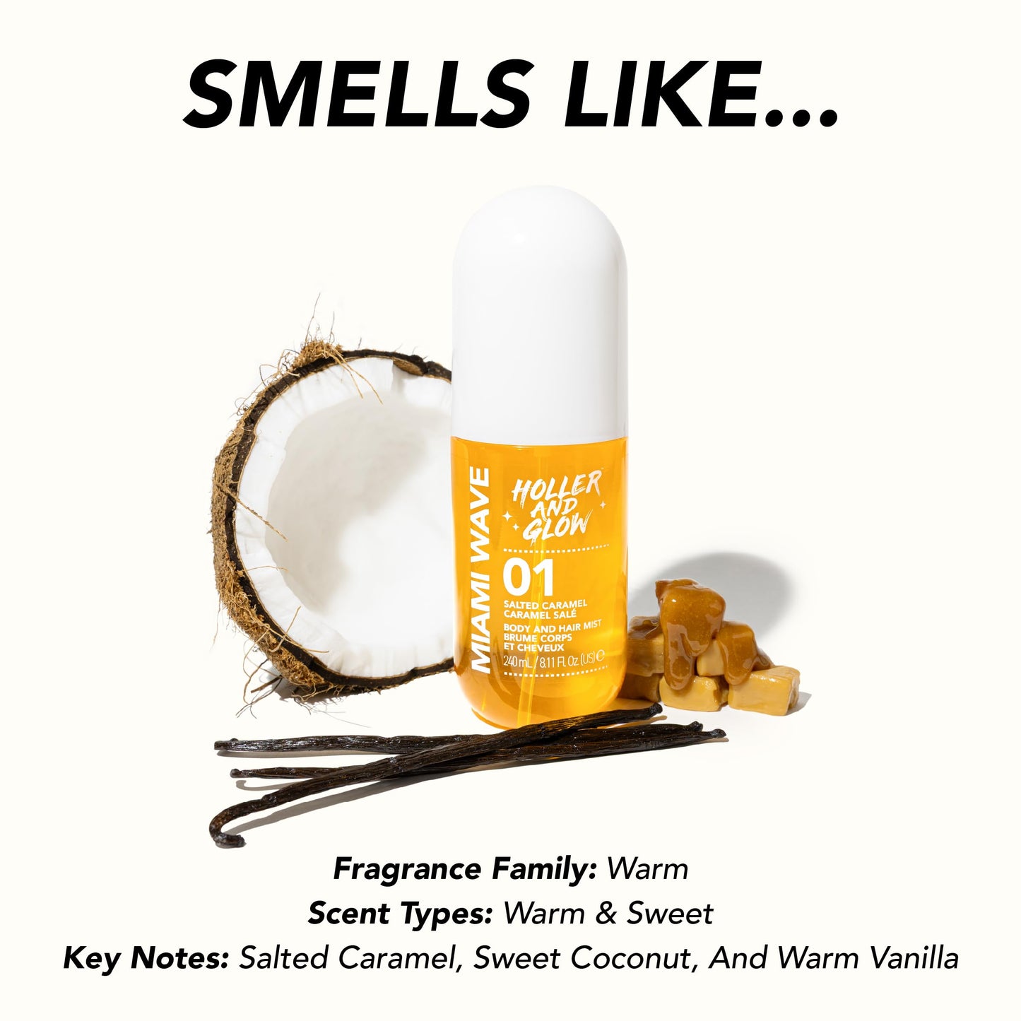 Holler And Glow Miami Wave Salted Caramel Body & Hair Mist, Body Spray For Women, Hair Perfume, Fragrance, Sweet Coconut, Vanilla Scented, Warm & Sweet Fragrance Notes, 8.11 Fl Oz