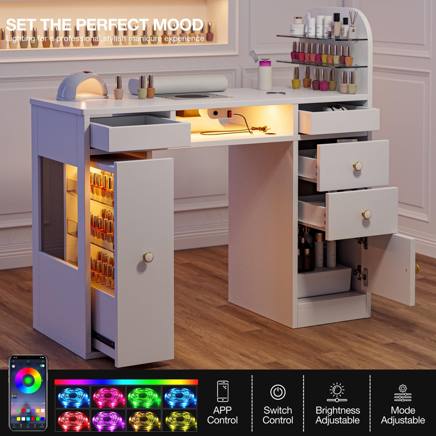 TTGIEET Manicure Table for Nail Tech w/LED Light Display Cabinet，Professional Nail Tech Desk with Storage Cabinet & Drawer, Dust Collector, Wrist Rest, Acetone-Resistant, for Beauty Salon, Spa & Home