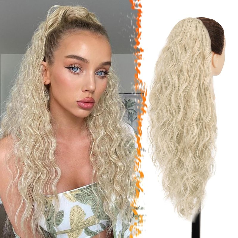 Blonde Ponytail Extensions - 26 Inch Curly Wavy Drawstring Hairpiece for Women | Light Blonde Mixed