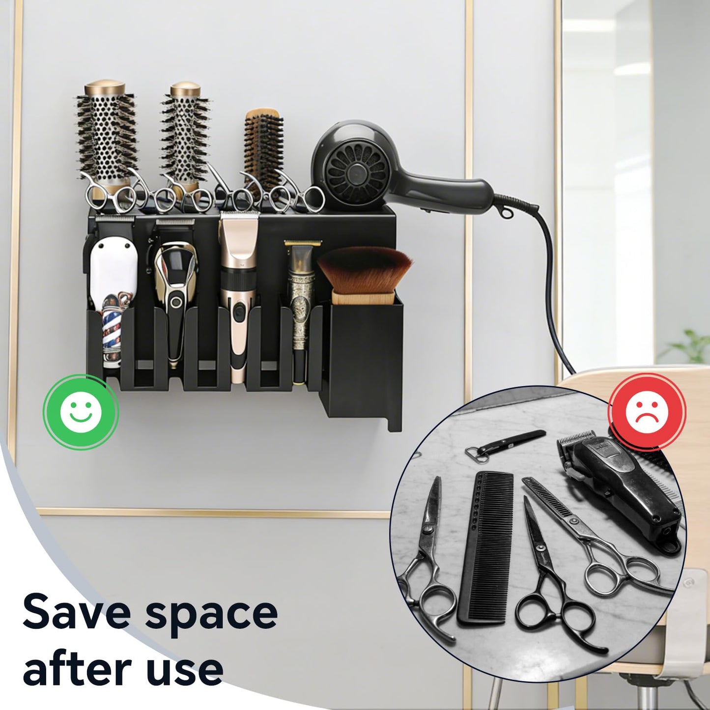 CGBARBER Wall Mounted Hair Clipper Storage Rack, Multi-Slot Hair Styling Tool Organizer Holder for Barbers, Heavy Duty Holder for Hair Dryer, Brush & Trimmer - Black