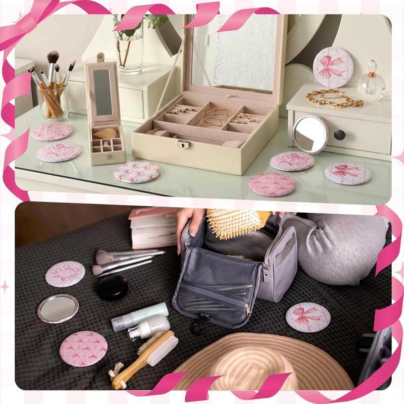 Compact Pink Bow Mirrors - 48 Pcs Mini Purse Mirrors for Women | Coquette Aesthetic Party Favors & Gifts