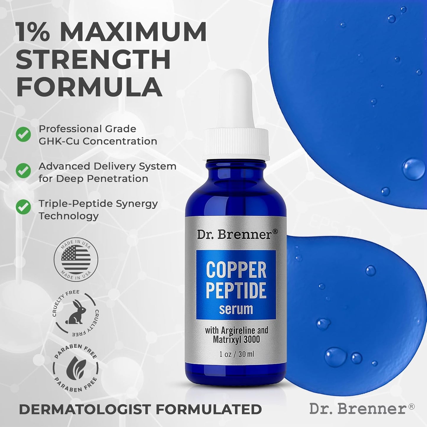 Dr. Brenner Copper Peptide Serum - Anti-Aging Moisturizer with GHK-Cu, Argireline & Matrixyl 3000 | 1 oz.