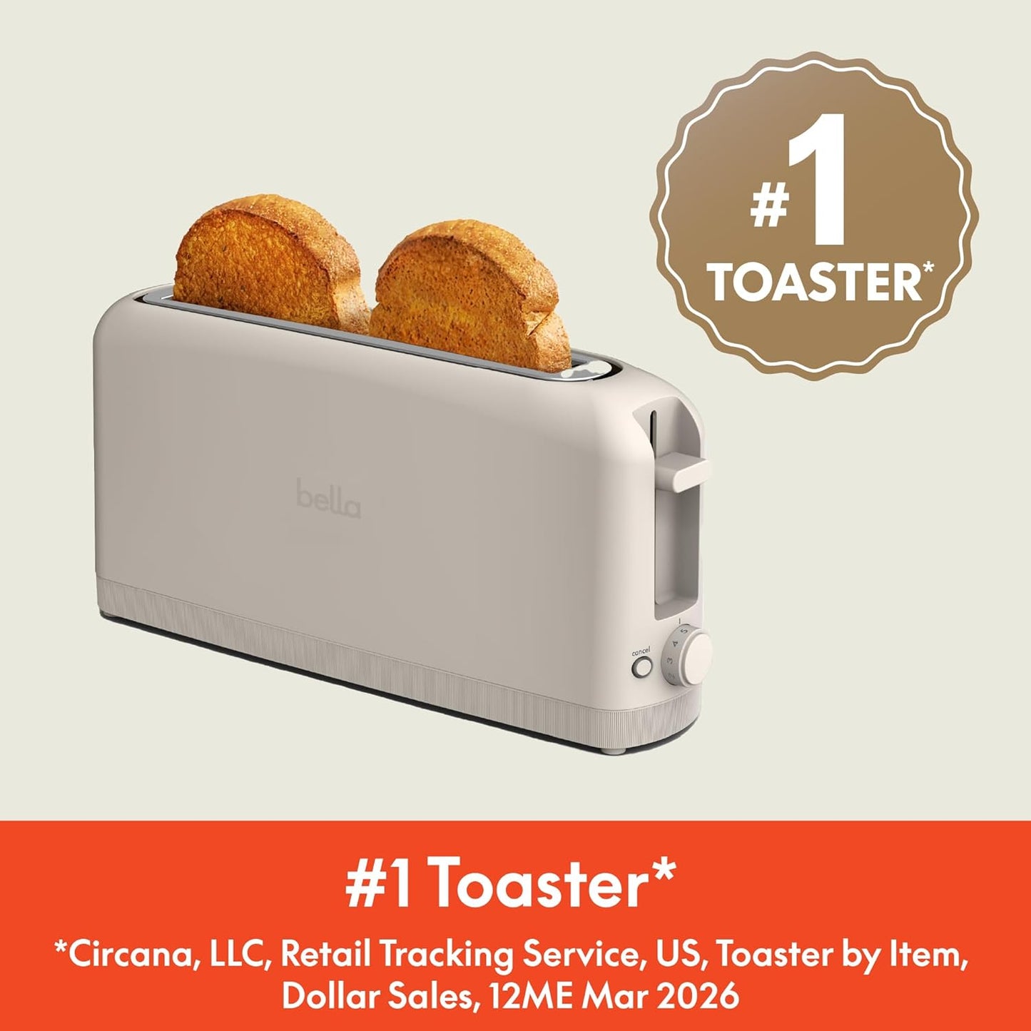 Bella 2 Slice Slim Toaster - 6 Setting Shade Control, 10” Long Slot, Anti-Jam & Auto Shutoff, Oatmilk Color