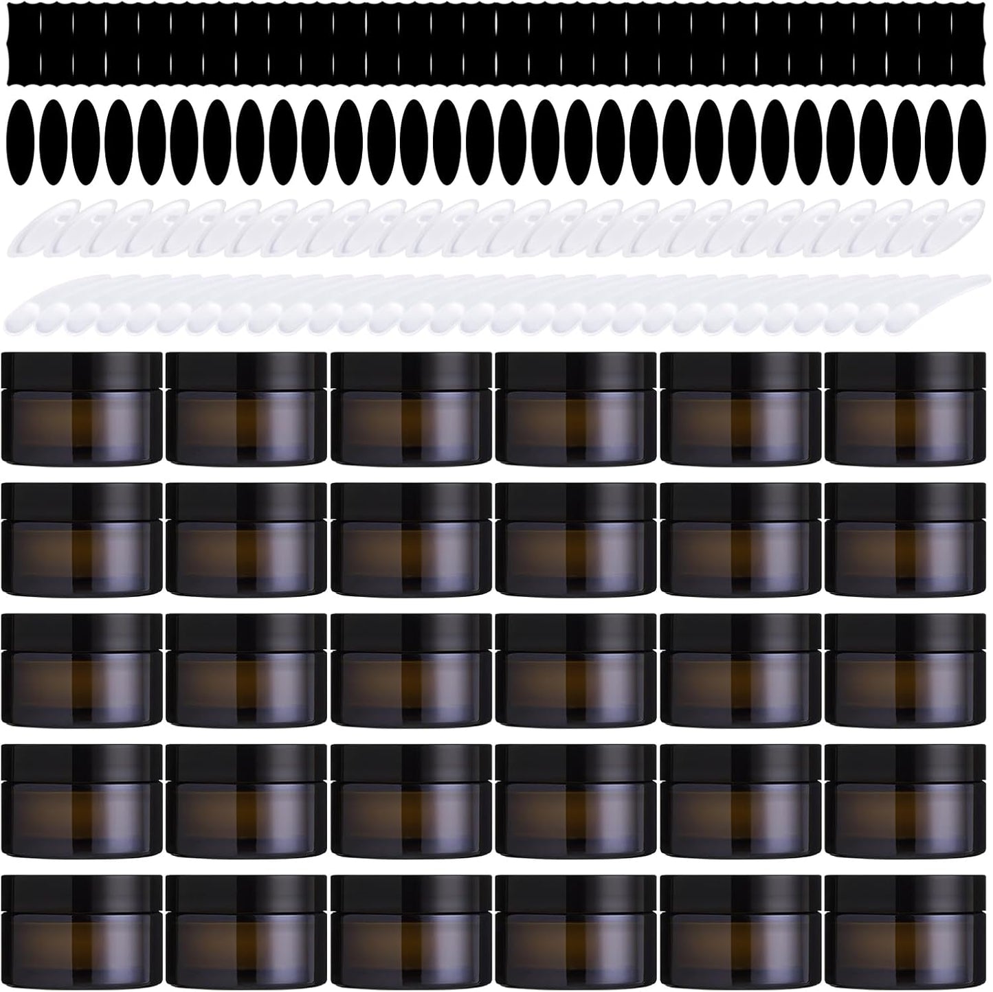 Amber Glass Jars Set - 120 Pcs 60g with Black Lids, Inner Liners & Labels for Scrubs, Lotions & Bath Salts