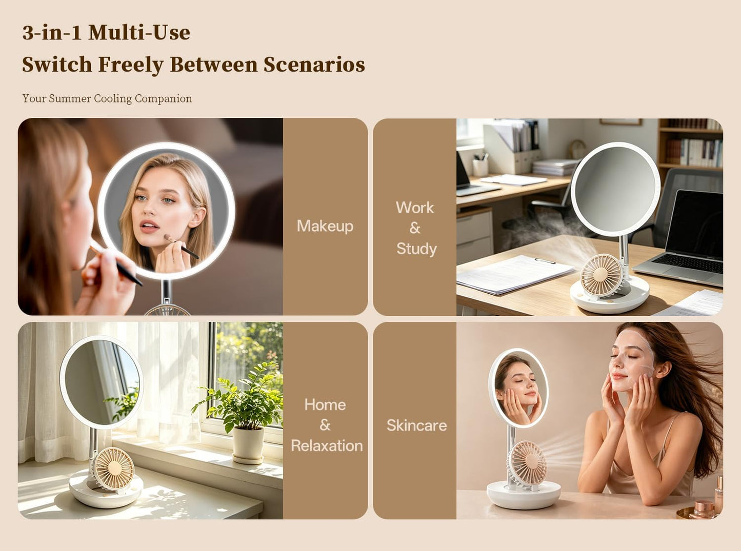 LED Makeup Mirror - 3-in-1 Rechargeable Vanity Mirror with Fan & Ring Light | 3 Color Modes, Stepless Dimming, Portable (White)