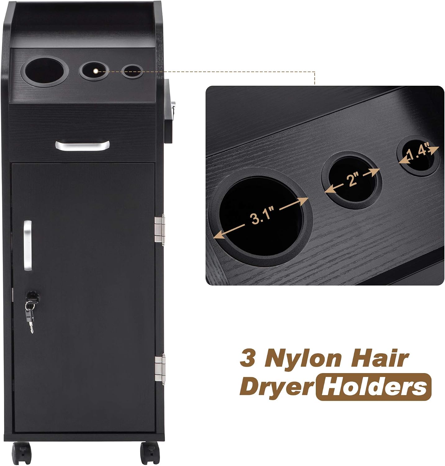 Salon Trolley Storage Cart - Hair Dryer Holder with Lockable Rolling Wheels | Black