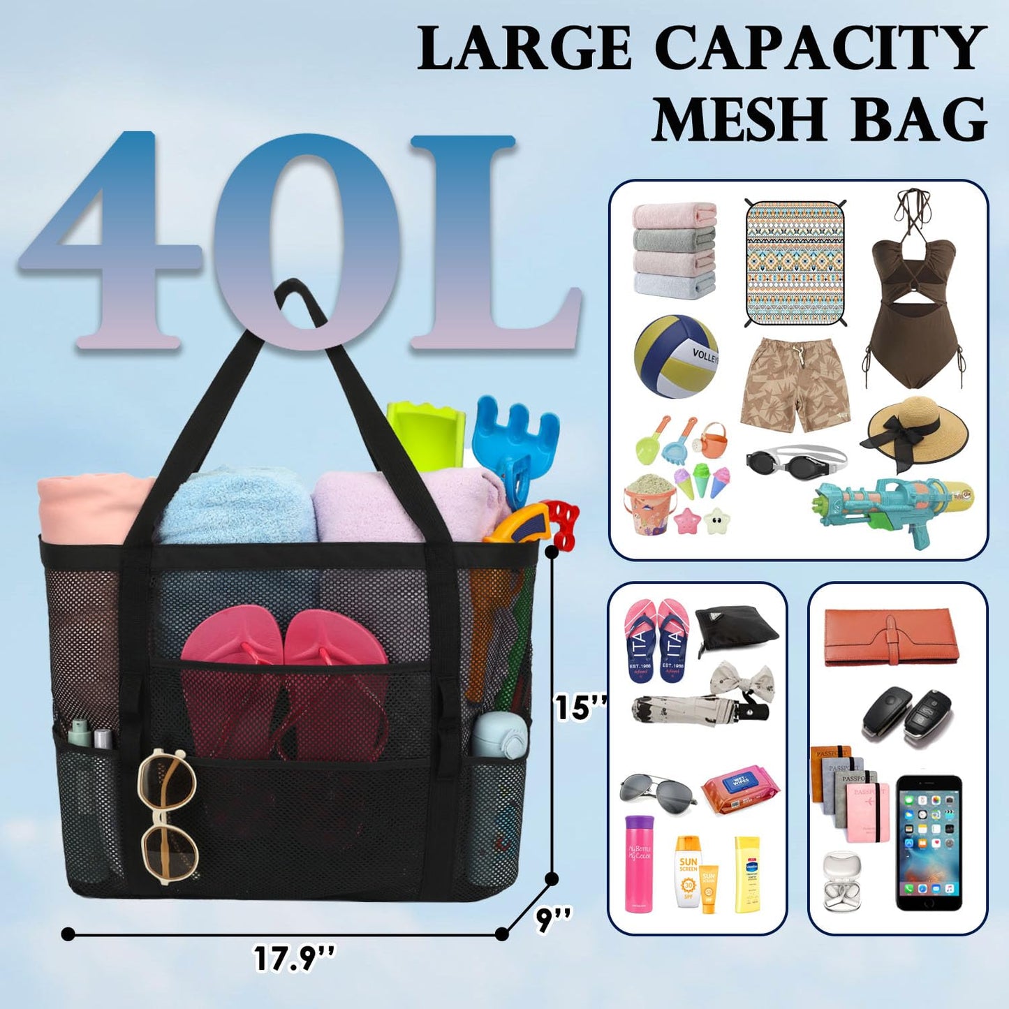 Fammart Extra Large Mesh Beach Bag for Women, Top Zipper Closure Pool Tote, SandProof Cruise Essentials 2026 Family Travel