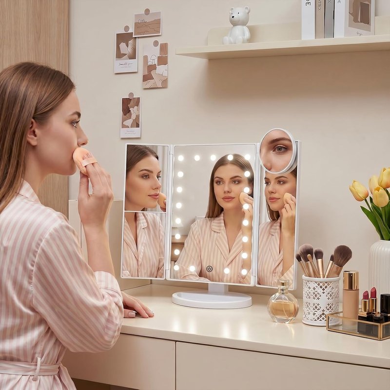 Makeup Mirror with Lights - Trifold Vanity Mirror | 2X/3X/10X Magnification, Touch Control, Dual Power Supply
