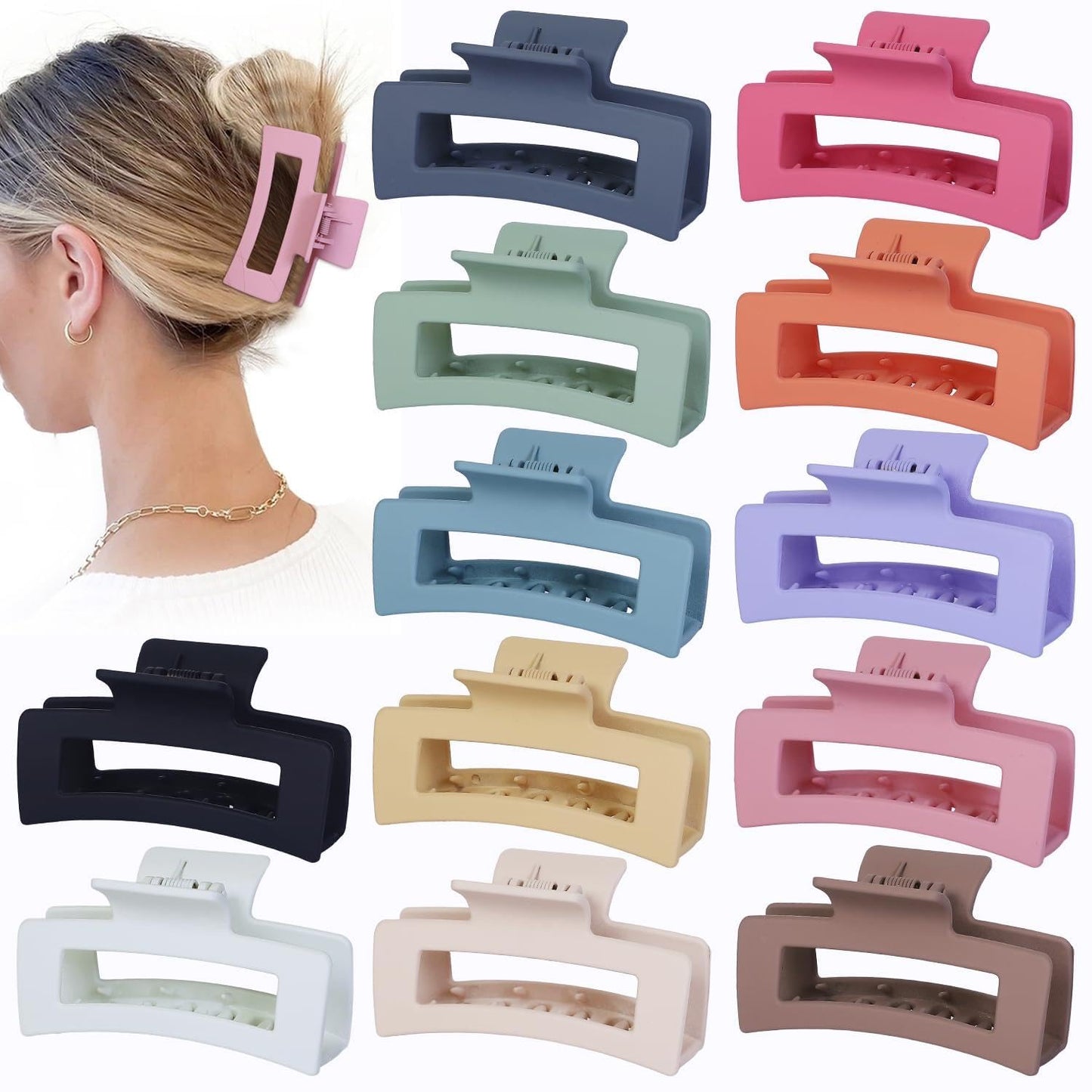 3.5 Inch Medium Hair Accessories - 12 Pcs Square Jaw Clips for Thick & Thin Hair | Rectangular Basic Color Clips for Women & Girls