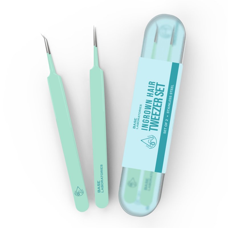 Base Labs Ingrown Hair Tweezers Set – 2 Pack Precision Tweezers for Ingrown Hair Removal, Curved & Pointed Tip Stainless Steel Tweezers with Protective Case for Razor Bumps, Splinters & Facial Hair