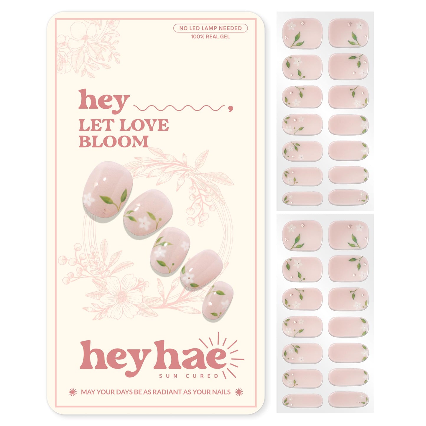 Heyhae Semi Cured Gel Nail Strips | No LED Lamp Needed |Pink, Floral | Easy Apply & Remove, Salon Quality | Includes 28 Strips, 2 Prep Pads, Nail File & Wooden Stick - Hey, Let Love Bloom