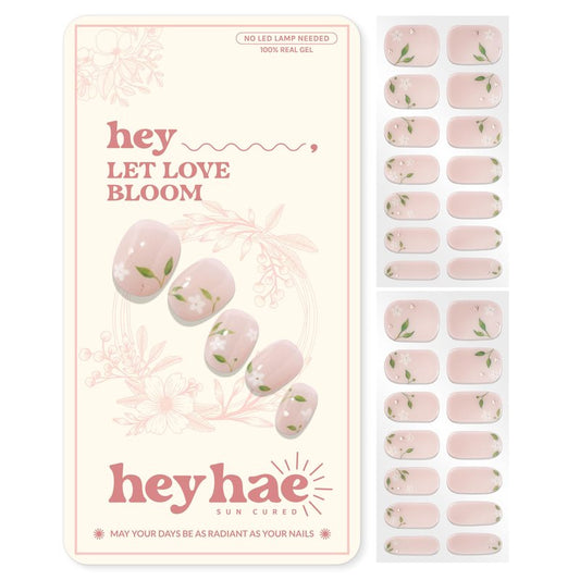 Heyhae Semi Cured Gel Nail Strips | No LED Lamp Needed |Pink, Floral | Easy Apply & Remove, Salon Quality | Includes 28 Strips, 2 Prep Pads, Nail File & Wooden Stick - Hey, Let Love Bloom