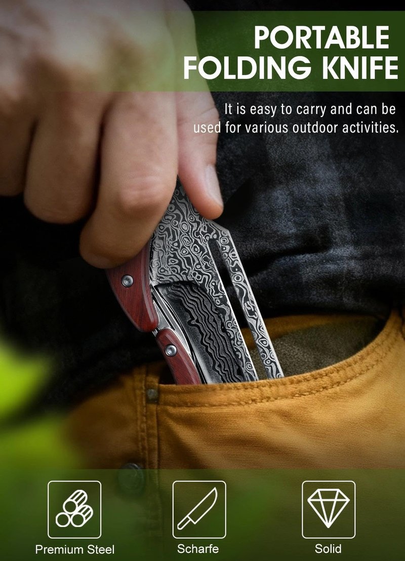 Dream Reach Folding Pocket Knife, Folding Knife with Elegant Pattern, Cool EDC Pocket Knives with Ergonomic Rosewood Handle for Outdoor Camping, Gift Collection for Men Women