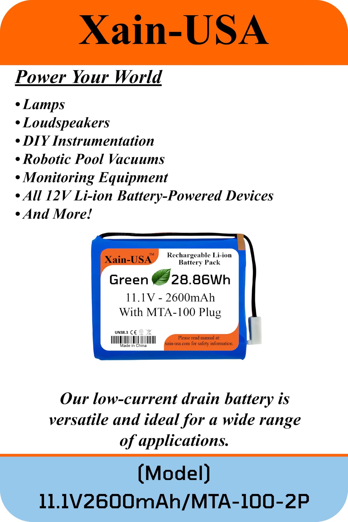 Xain-USA 11.1V 2600mAh Li-ion Replacement Battery Pack with MTA-100 / KF2510 2-Pin Female Plug.