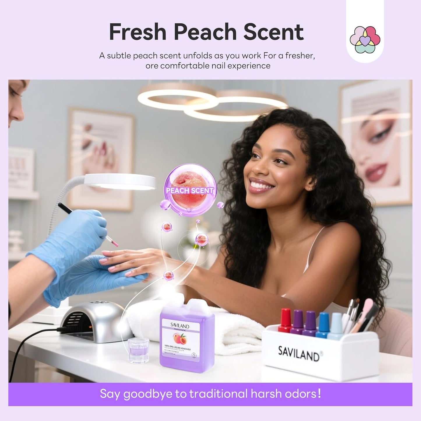 SAVILAND Pure EMA Monomer Acrylic Nail Liquid - Peach Scent, Non-Yellowing Formula | 240ml