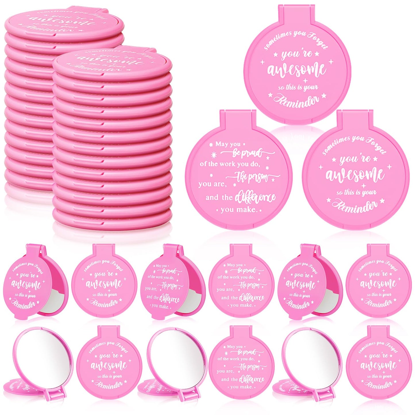 Wenqik 100 Pcs Inspirational Mini Compact Mirrors Bulk, Women Small Gifts Bulk, Group Team Party Favors, Mini Pocket Purse Mirror for Travel, Client, Guest, Wedding, Birthday, Cheerleader (Pink)