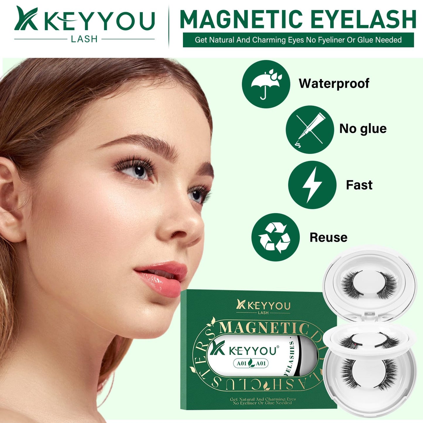KEYYOU Daily Wear Reusable Magnetic Eyelashes 2 Pair with Applicator No Glue Needed 3D Natural Magnetic Lashes, Easy to Apply & Long Lasting for Daily Use & Events(A01+A01)