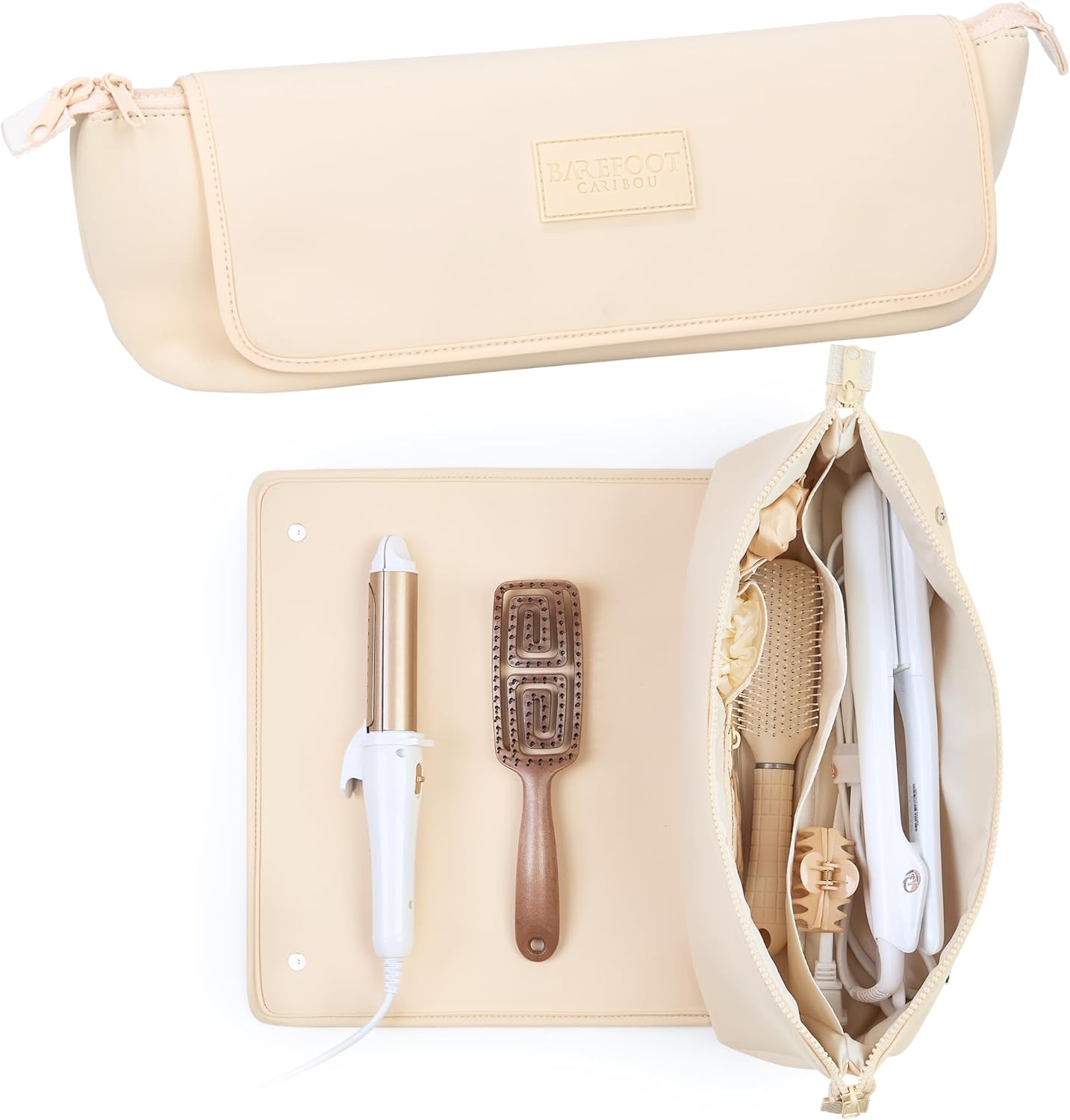 BAREFOOT CARIBOU Travel Hair Tools Bag & Heat Resistant Mat - 2-in-1 Organizer for Flat Irons & Curling Irons (Black)