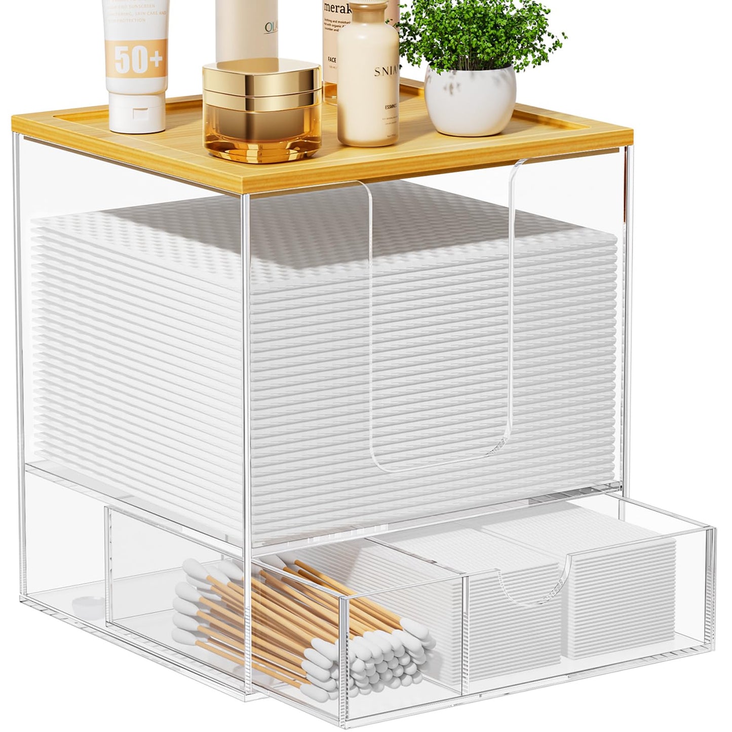 VITVITI Disposable Face Towel Holder for Clean Skin Club, Acrylic Bamboo Facial Towel Holder Box with Drawer, XL Face Towels Container for Bathroom Vanity Makeup, Clear