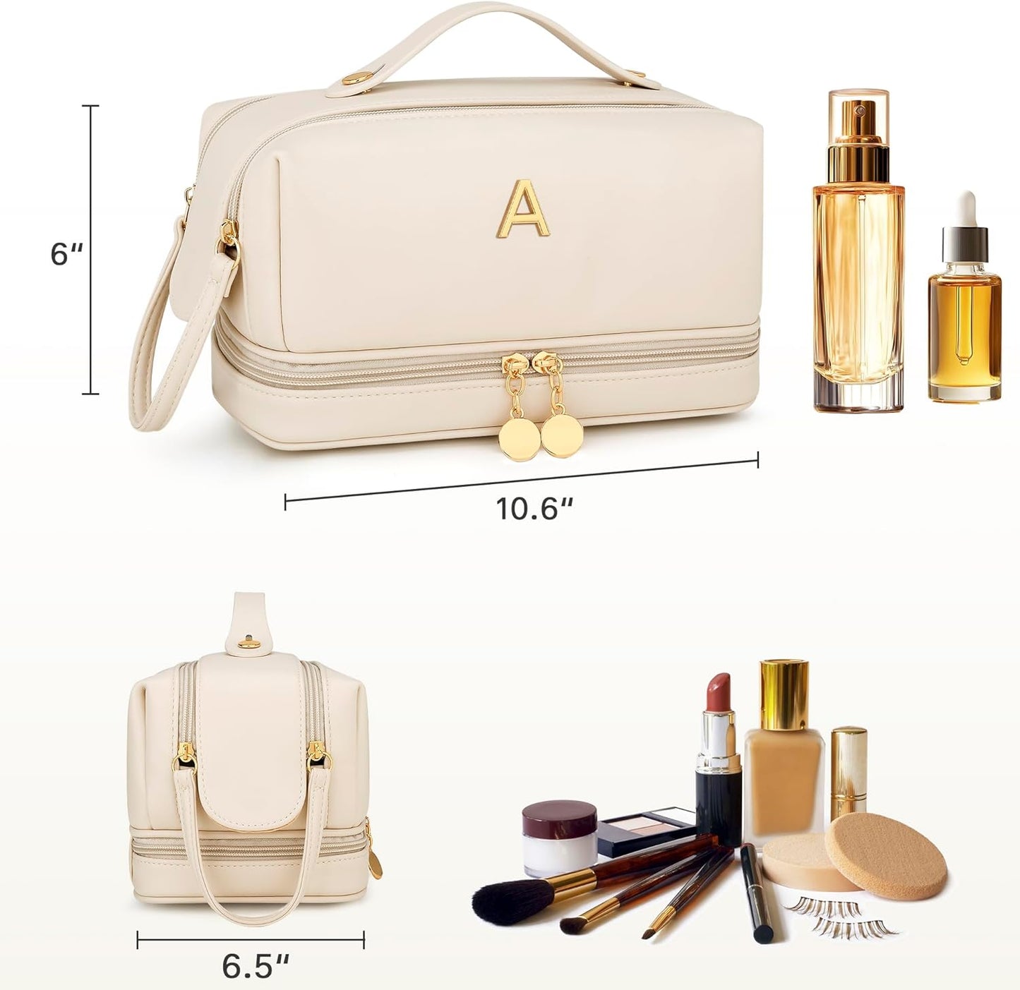 Personalized Makeup Bag for Women - Large Capacity Travel Toiletry Organizer | Beige A