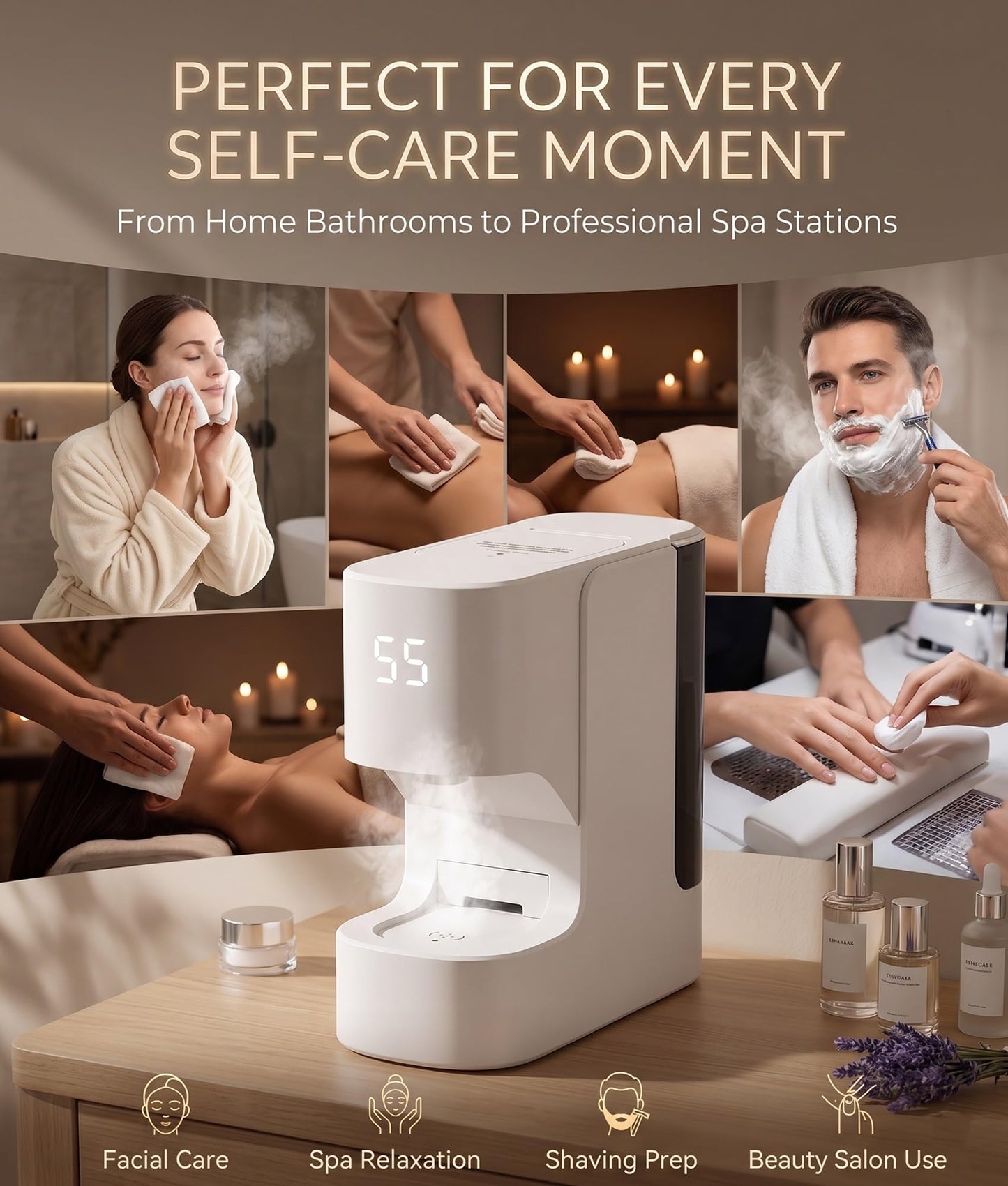 Hot Face Towel Heater Machine Smart Hot Face Towel Dispenser 5-Second Rapid Heating Automatic Heating & Dispensing 55°C(131°F) Constant Temp 20 Compressed Towels for Facials Spa Cleaning(60pcs Towel)