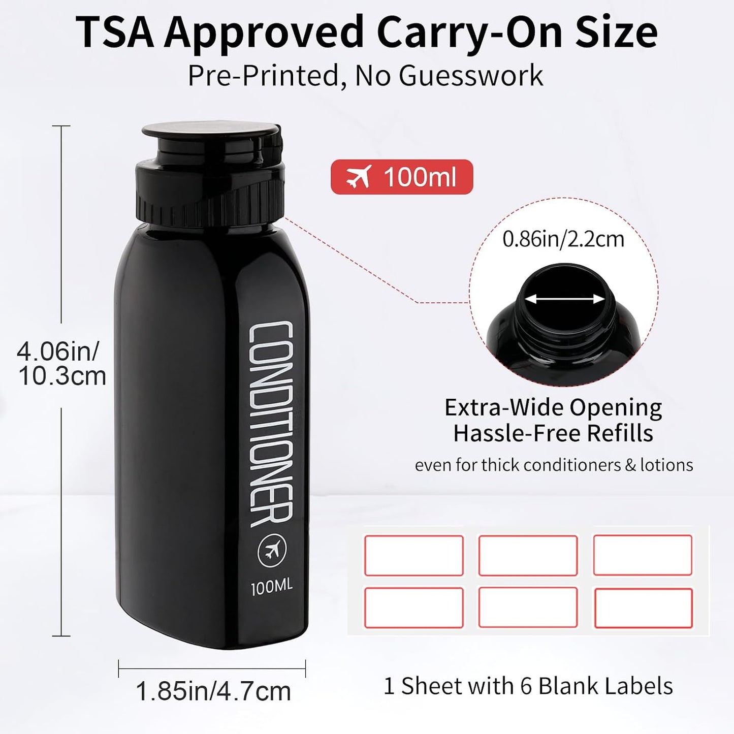 Travel Toiletry Bottles Set - 10PCS Leakproof 100ml/3.4oz & 2oz TSA Approved | Black Refillable Containers