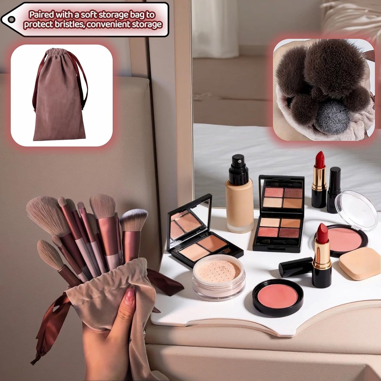 Makeup Brush Set - 13 Piece Professional Cosmetic Brushes | Hypoallergenic Synthetic Bristles for Face & Eye Application (Brown)