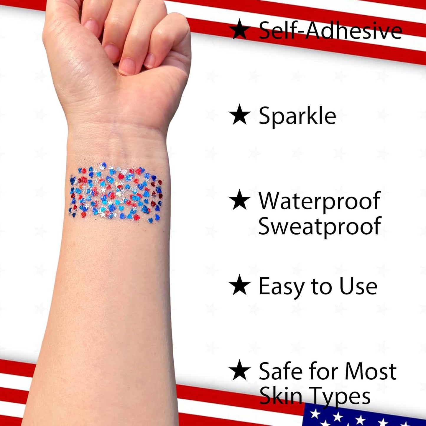 Red, White & Blue Face Glitter Stick - Patriotic USA Accessories for 4th of July | Heart & Star Sequins