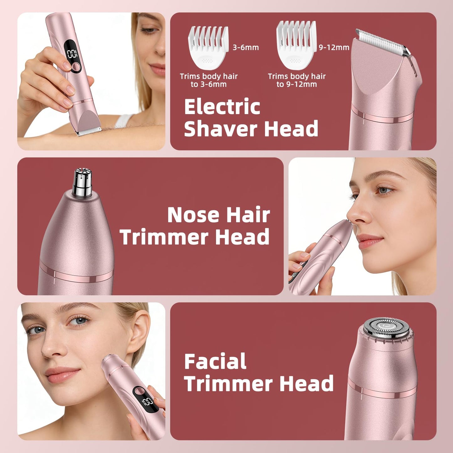 Bikini Trimmer for Women 3 in 1 Electric Shaver Razors Nose Hair Trimmer Waterproof Pubic Hair for Underarm Leg Arm Body (Rose Gold)